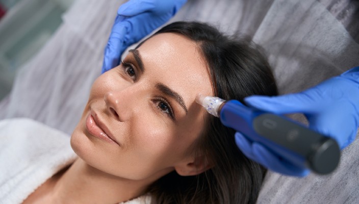 Woman with brunette hair receives microneedling treatment.